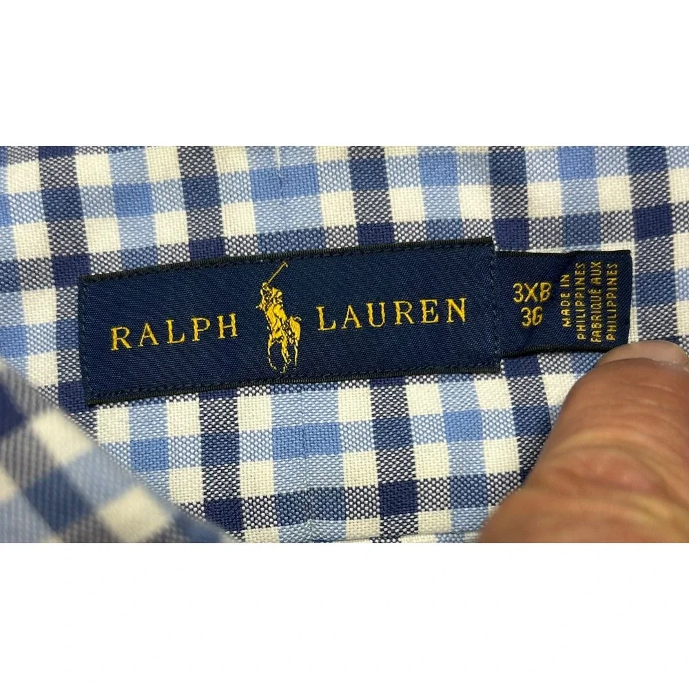 Polo Ralph Lauren Button Down Shirt Mens 3XB Blue White Gingham Long Sleeve Logo
